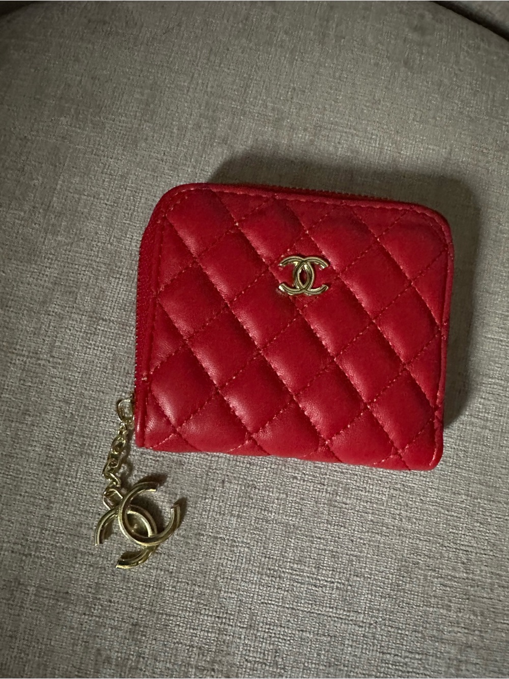 Red Quilted Leather Zip Wallet with Gold Charm